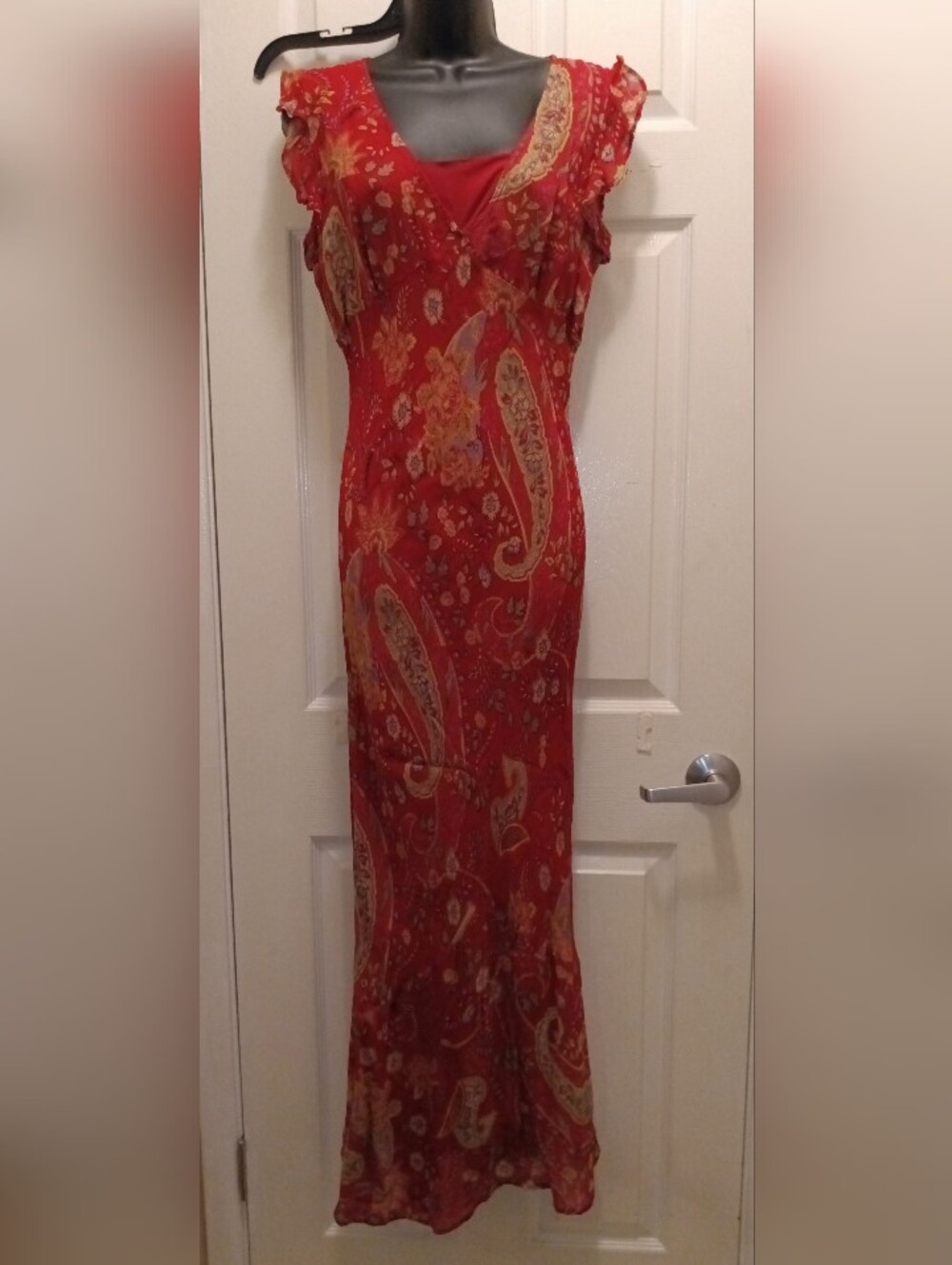 Papillon Red Paisley Maxi Dress with Ruffled Sleeves